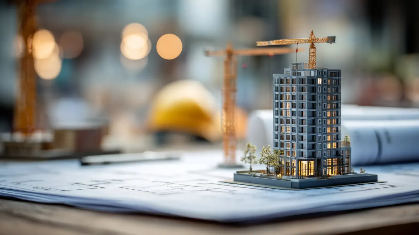 Maquette d’immeuble posée sur des plans, pour préparer un plan pluriannuel de travaux